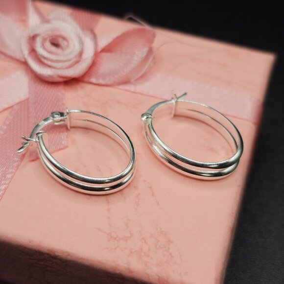 Sterling Silver 925 Rhodium Plated Double Oval Hoop Earrings 18mm - Picture 10 of 12